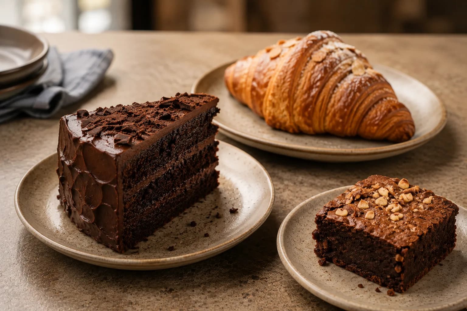 Cakes, brownies and pastries on a bakery counter