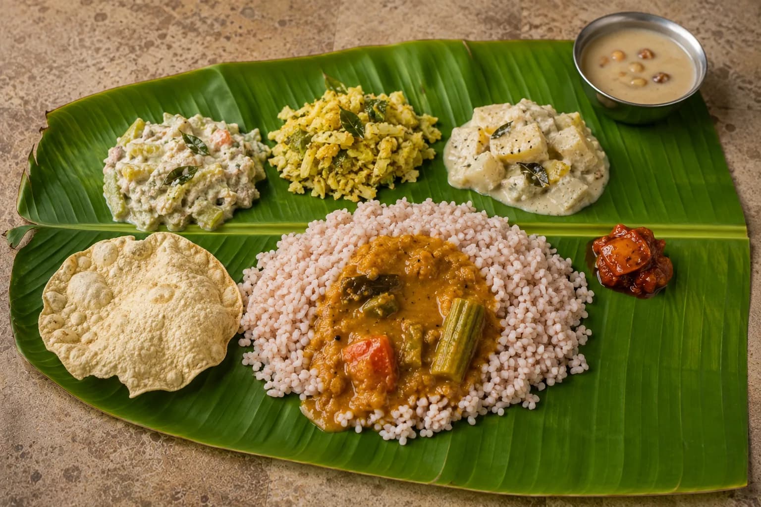 Kerala meal served on a banana leaf