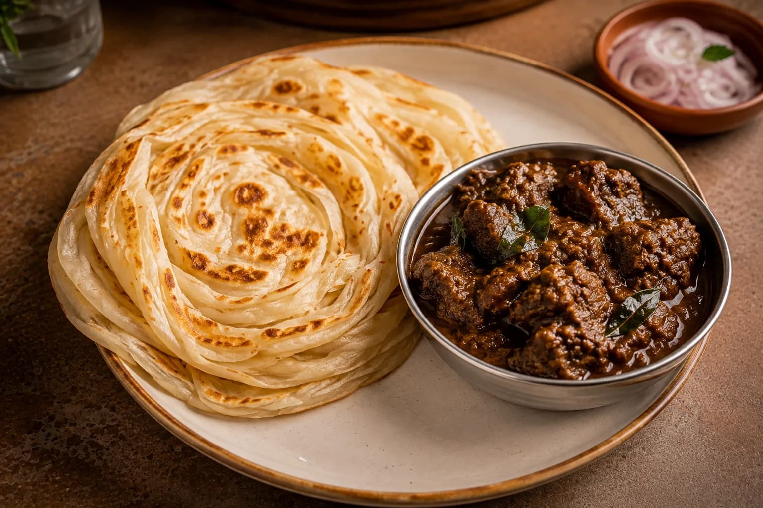 Kerala porotta with beef curry