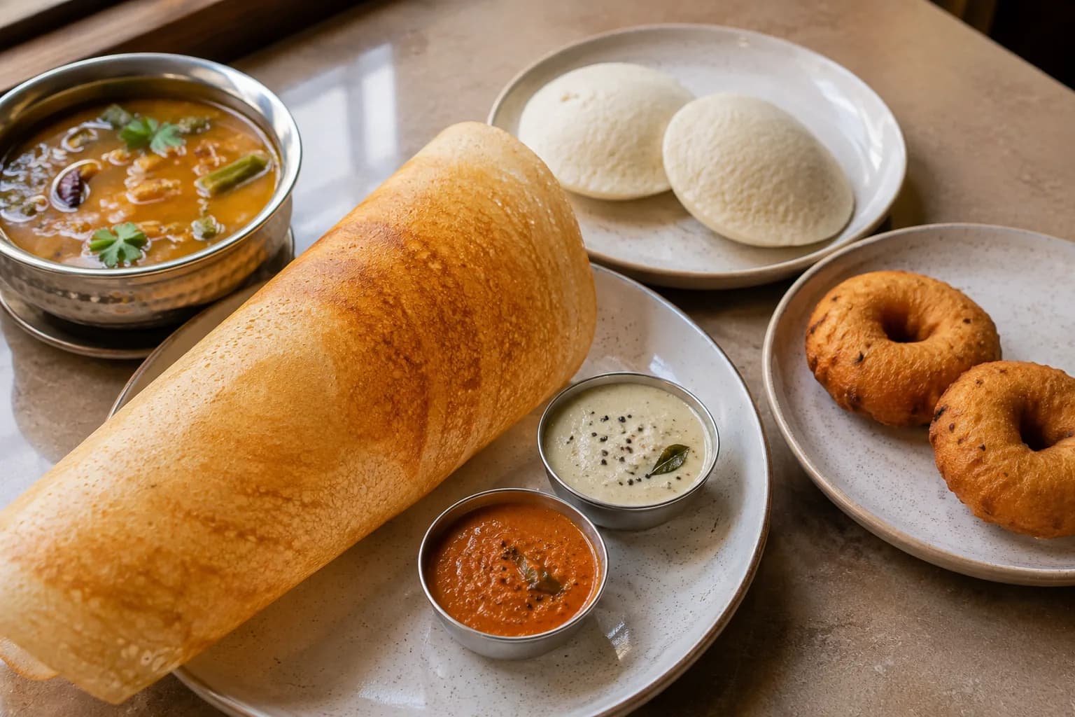 South Indian tiffin spread with idli and dosa