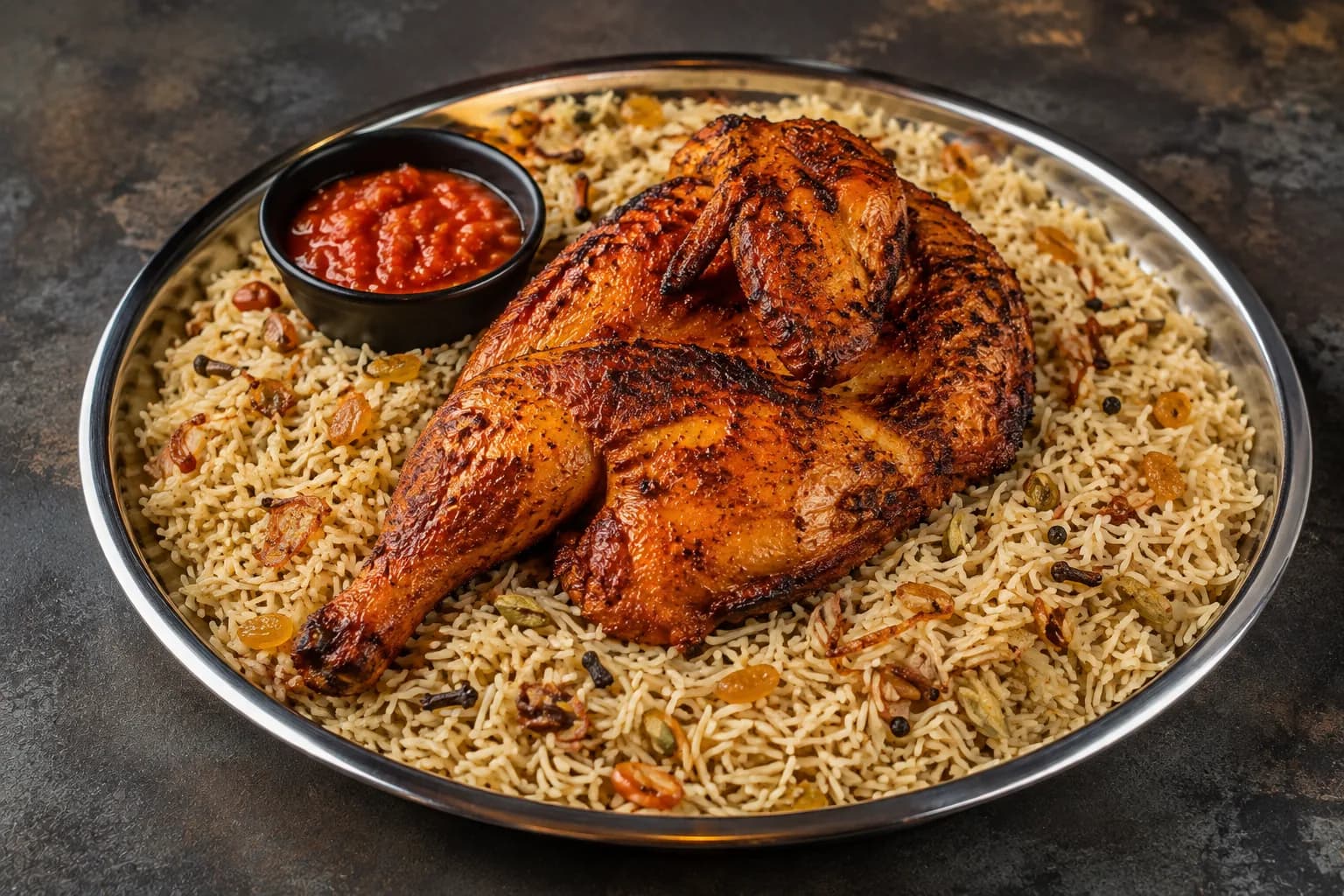 Chicken mandi on smoked rice