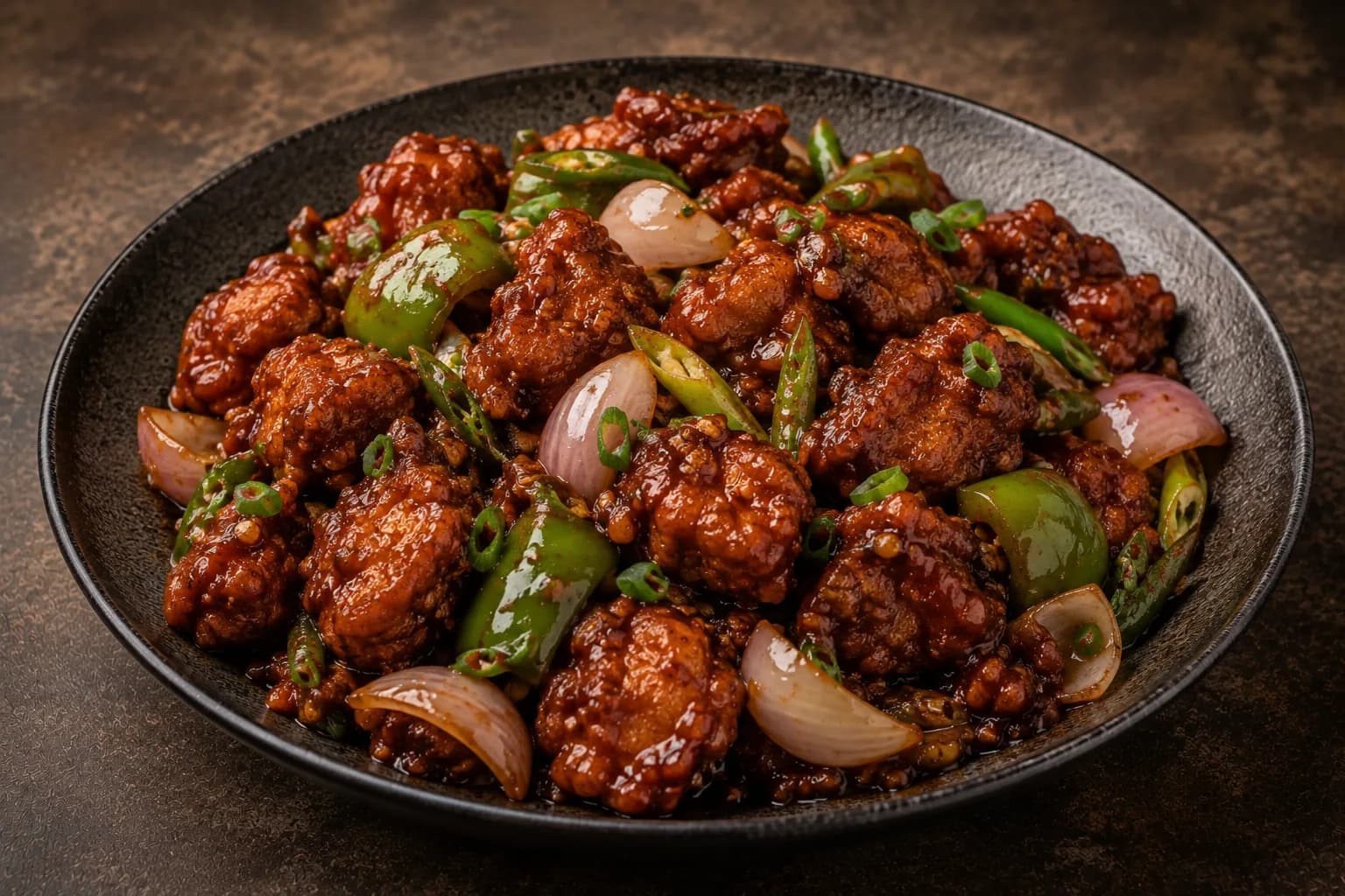 Chilli chicken with peppers and spring onion