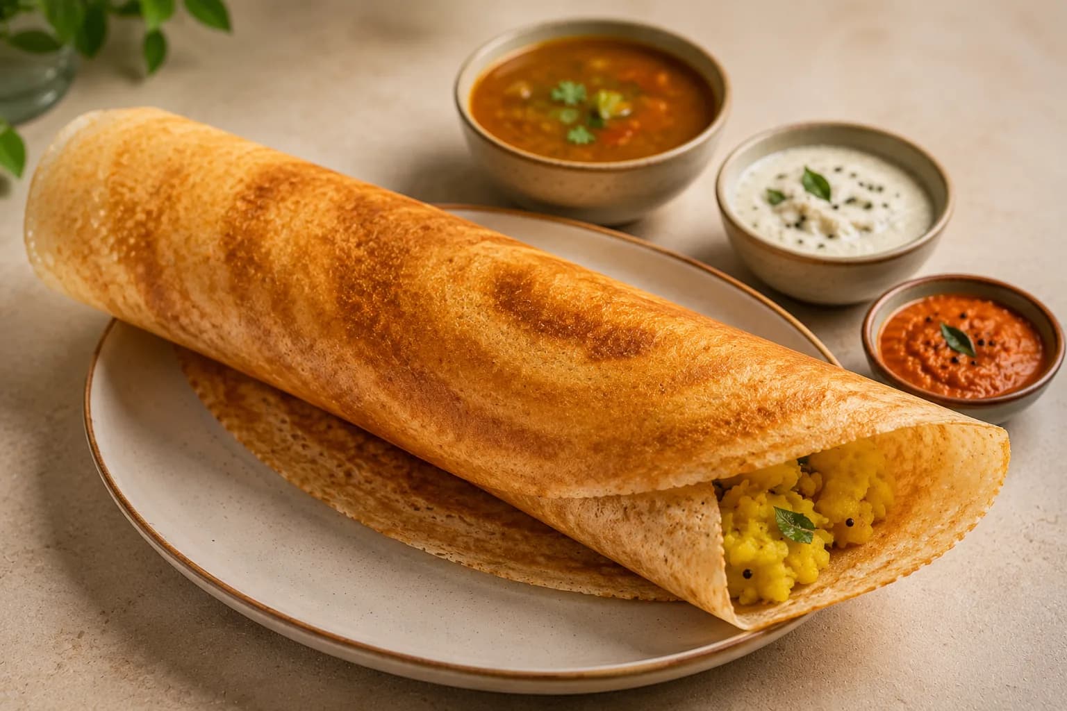 Masala dosa with sambar and chutneys