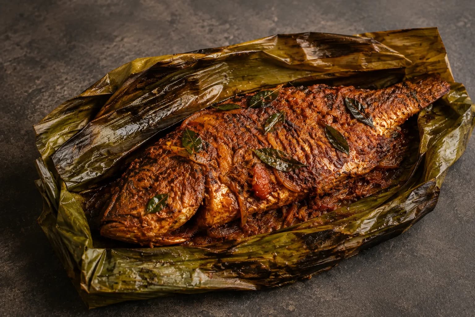 Meen pollichathu wrapped in banana leaf